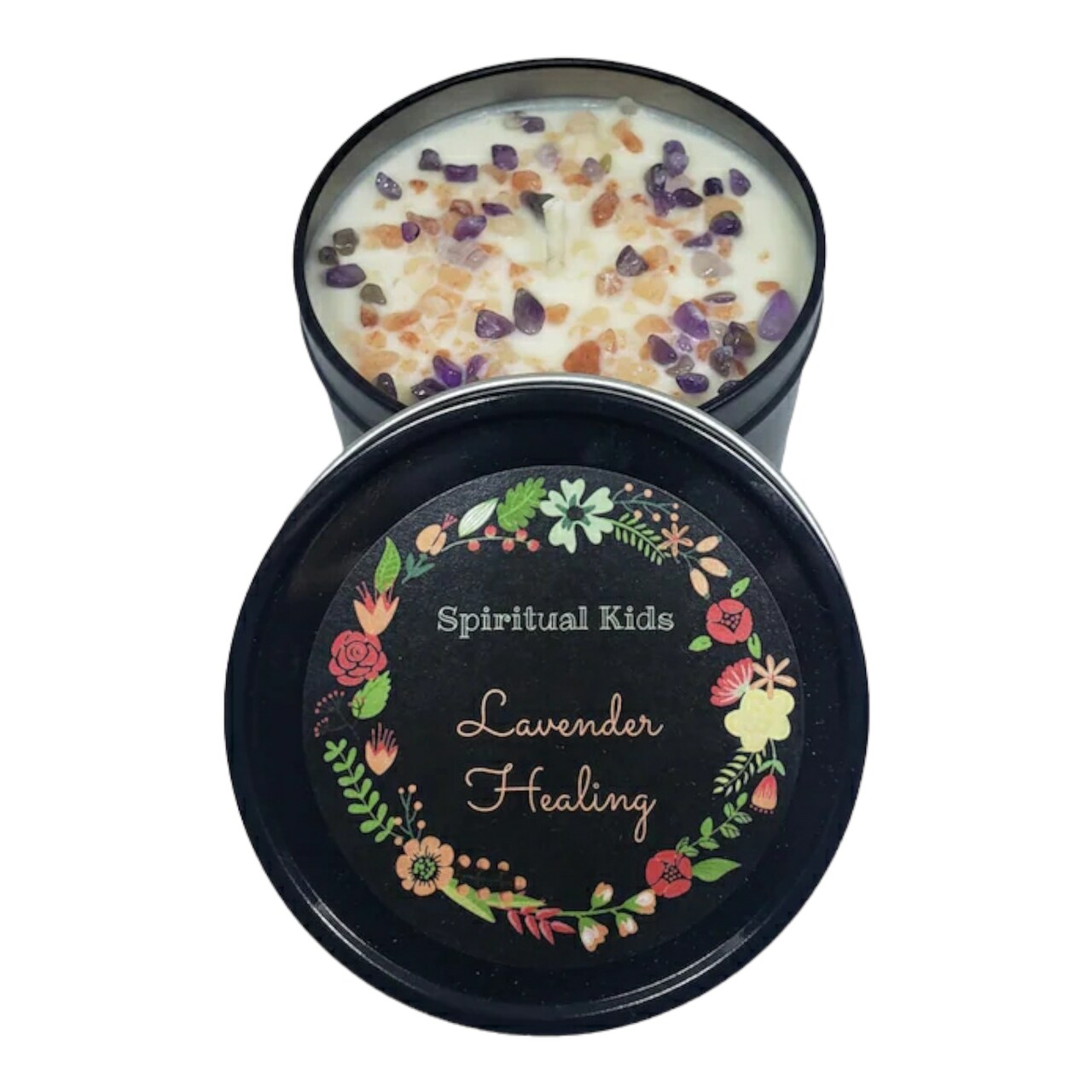 Lavender Healing 8 Oz Candle With Amethyst Crystals & Himalayan Salt Soy Wax/Essential Oils: Protection, Healing and Purification